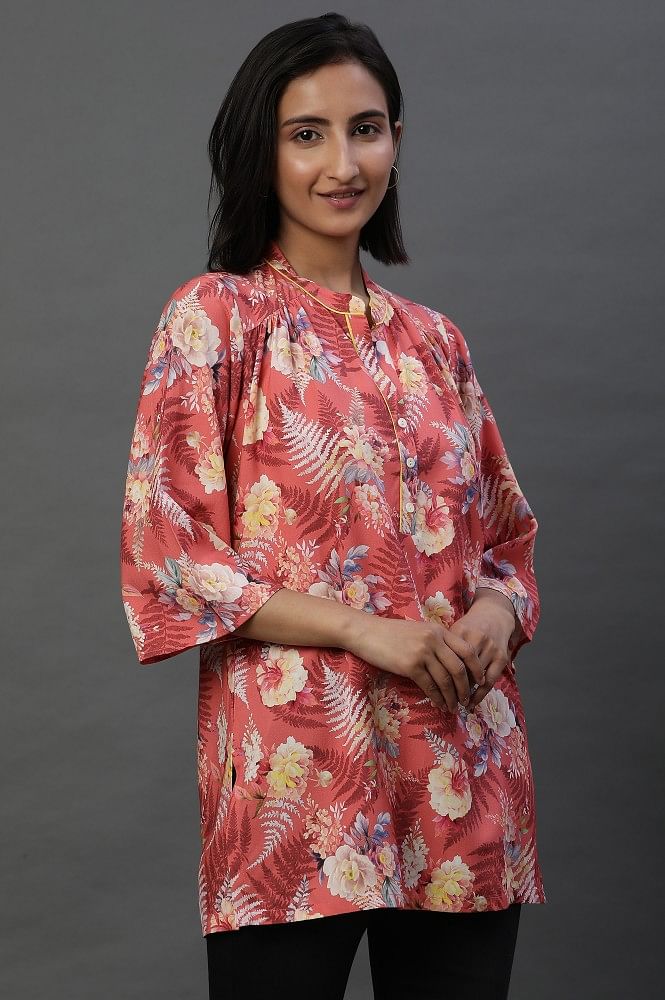 Golden Floral Printed Pure Cotton Short Kurti Top For Casual Wear –  Fashvibes